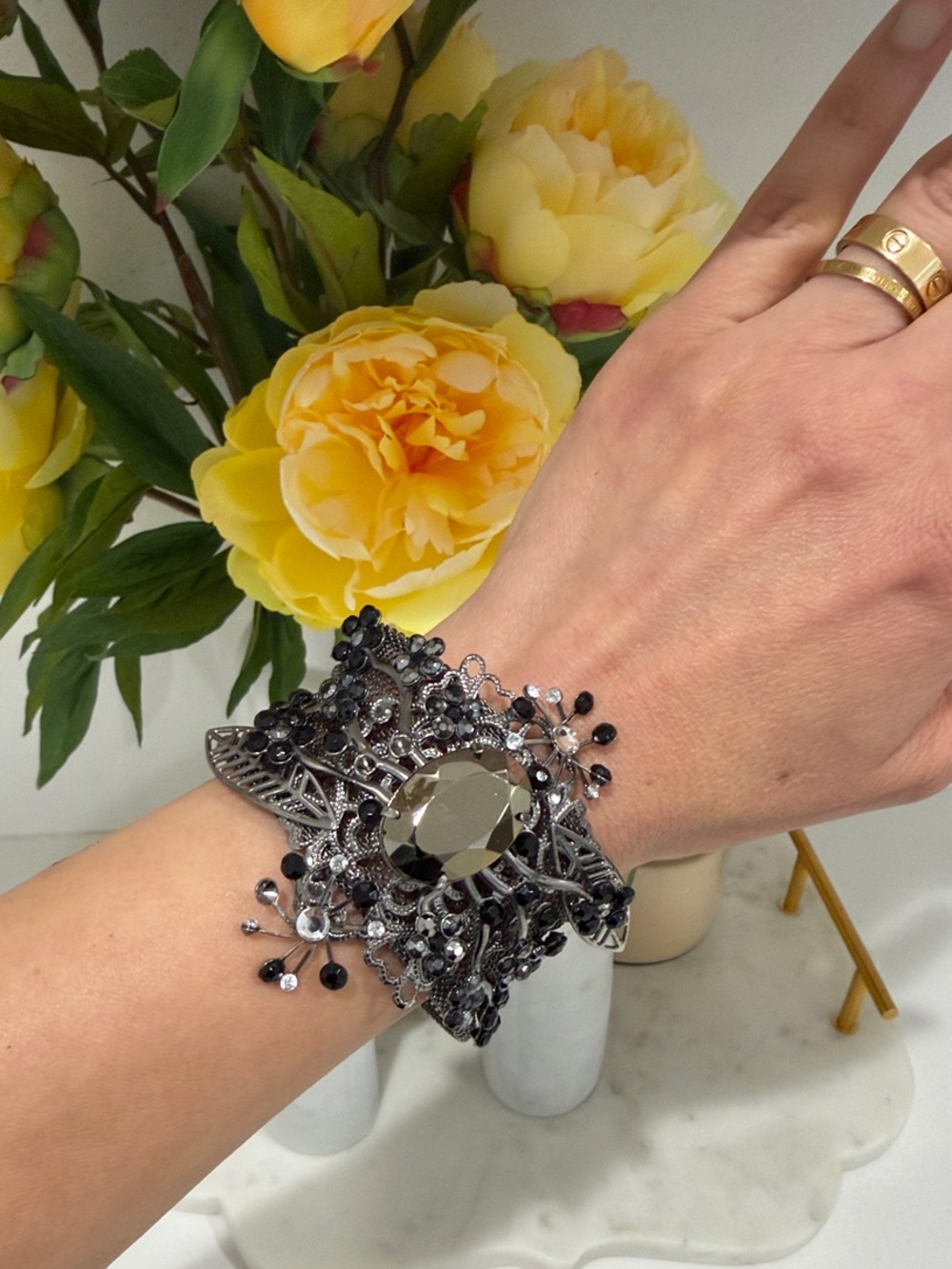 Black Crystal Filigree Statement Cuff Bracelet